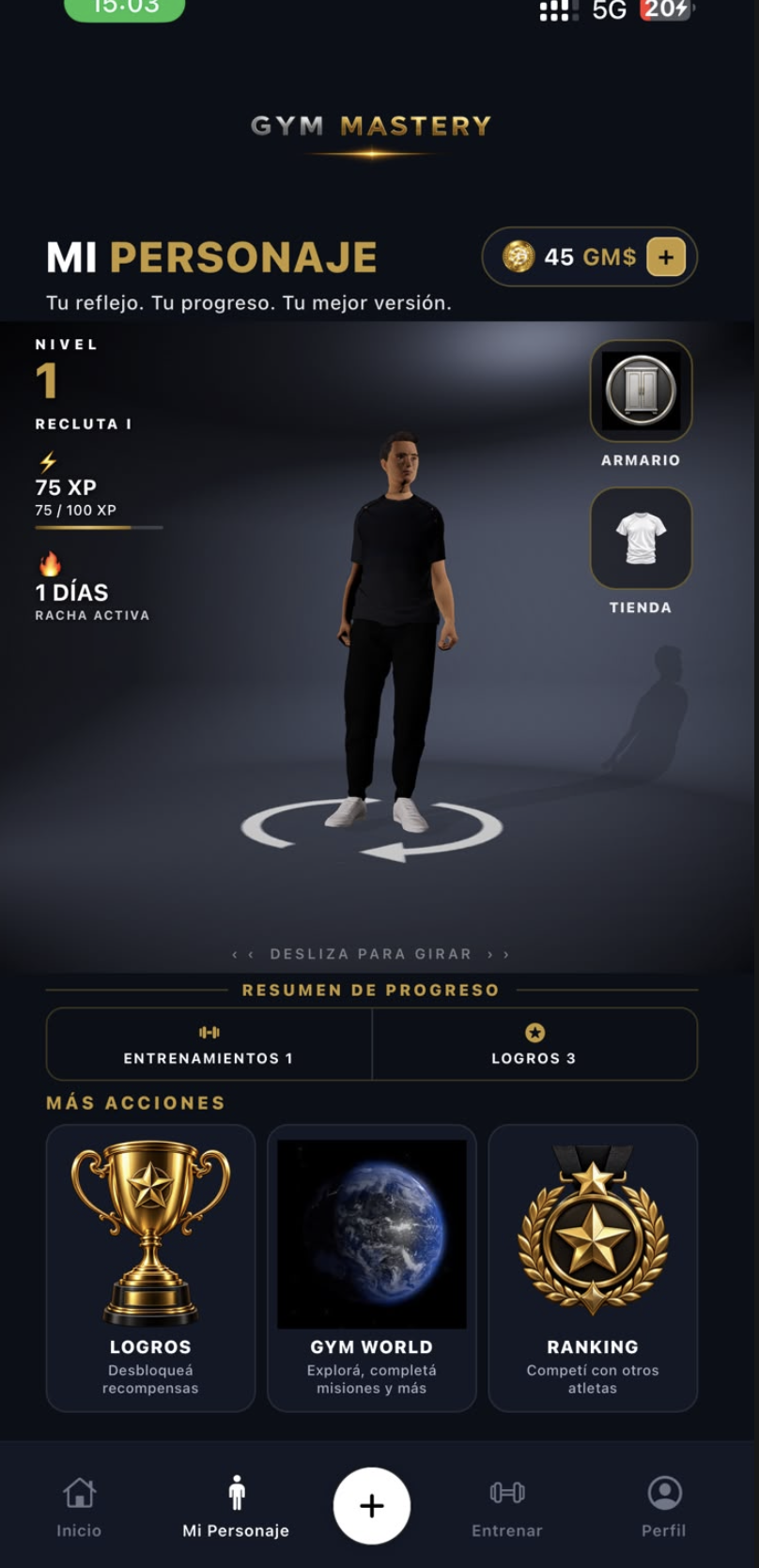 Pantalla de Mi Personaje en Gym Mastery